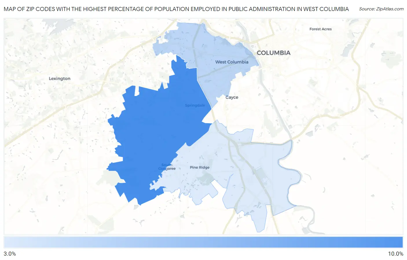 Zip Codes with the Highest Percentage of Population Employed in Public Administration in West Columbia Map