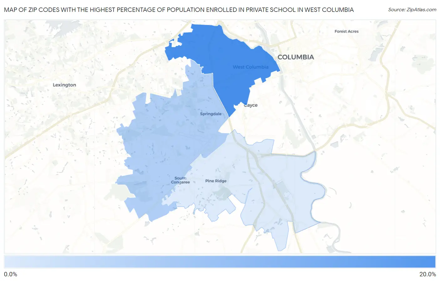 Zip Codes with the Highest Percentage of Population Enrolled in Private School in West Columbia Map