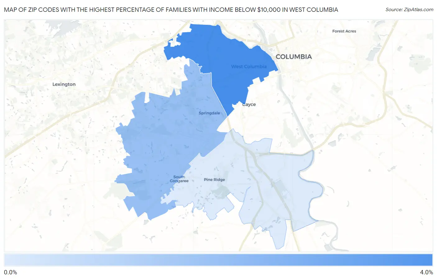 Zip Codes with the Highest Percentage of Families with Income Below $10,000 in West Columbia Map