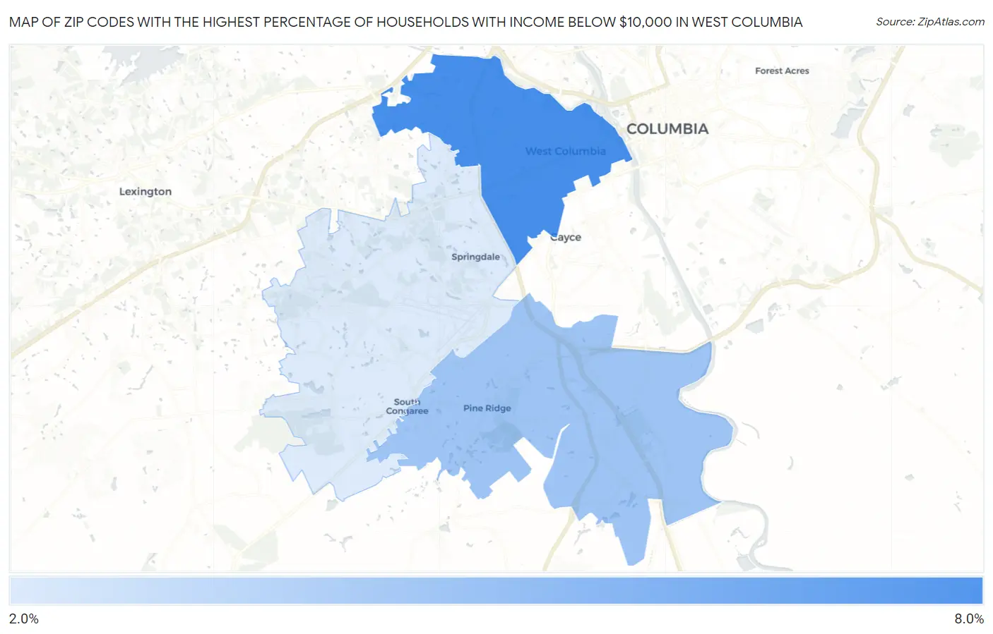 Zip Codes with the Highest Percentage of Households with Income Below $10,000 in West Columbia Map