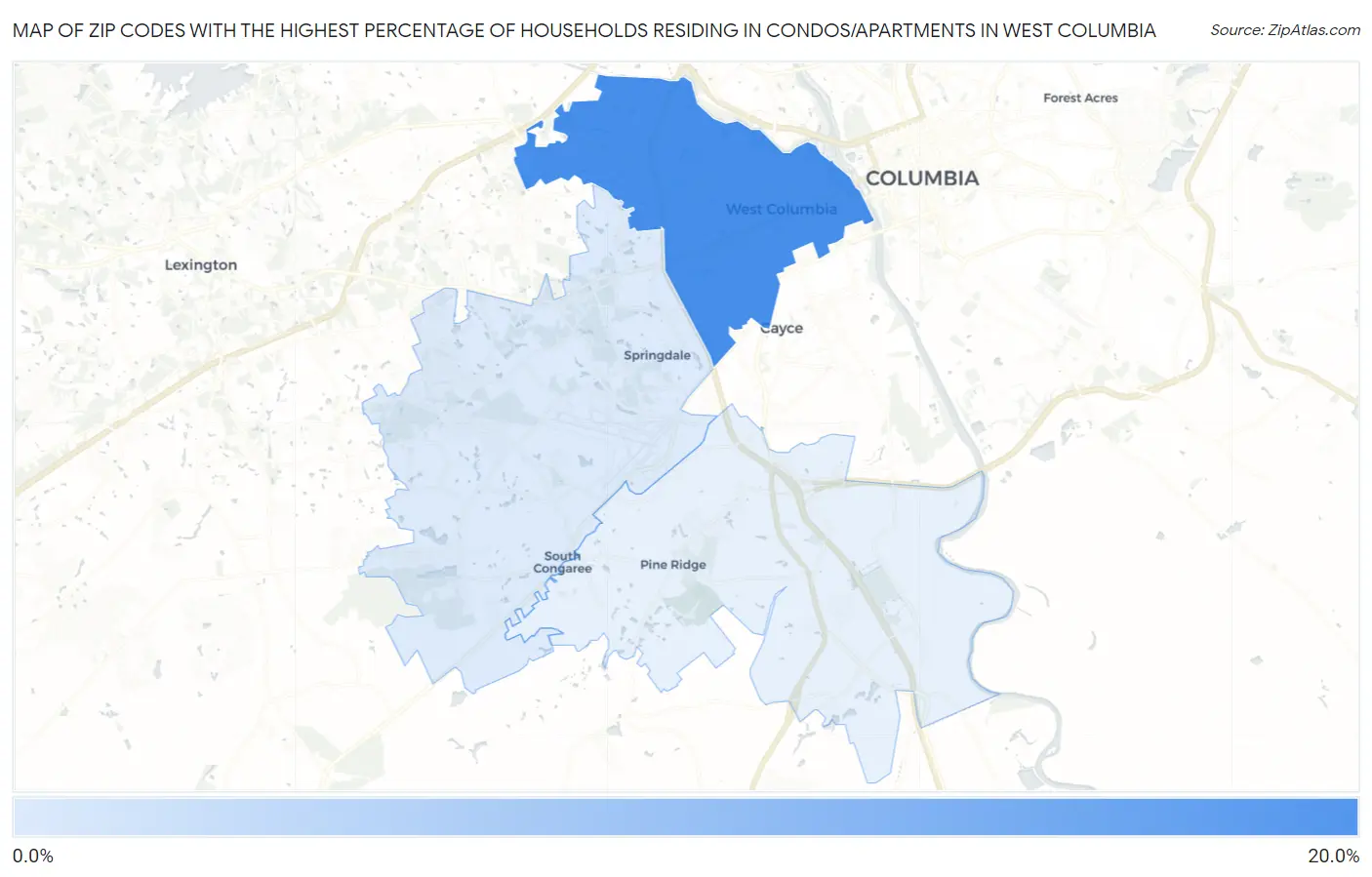 Zip Codes with the Highest Percentage of Households Residing in Condos/Apartments in West Columbia Map