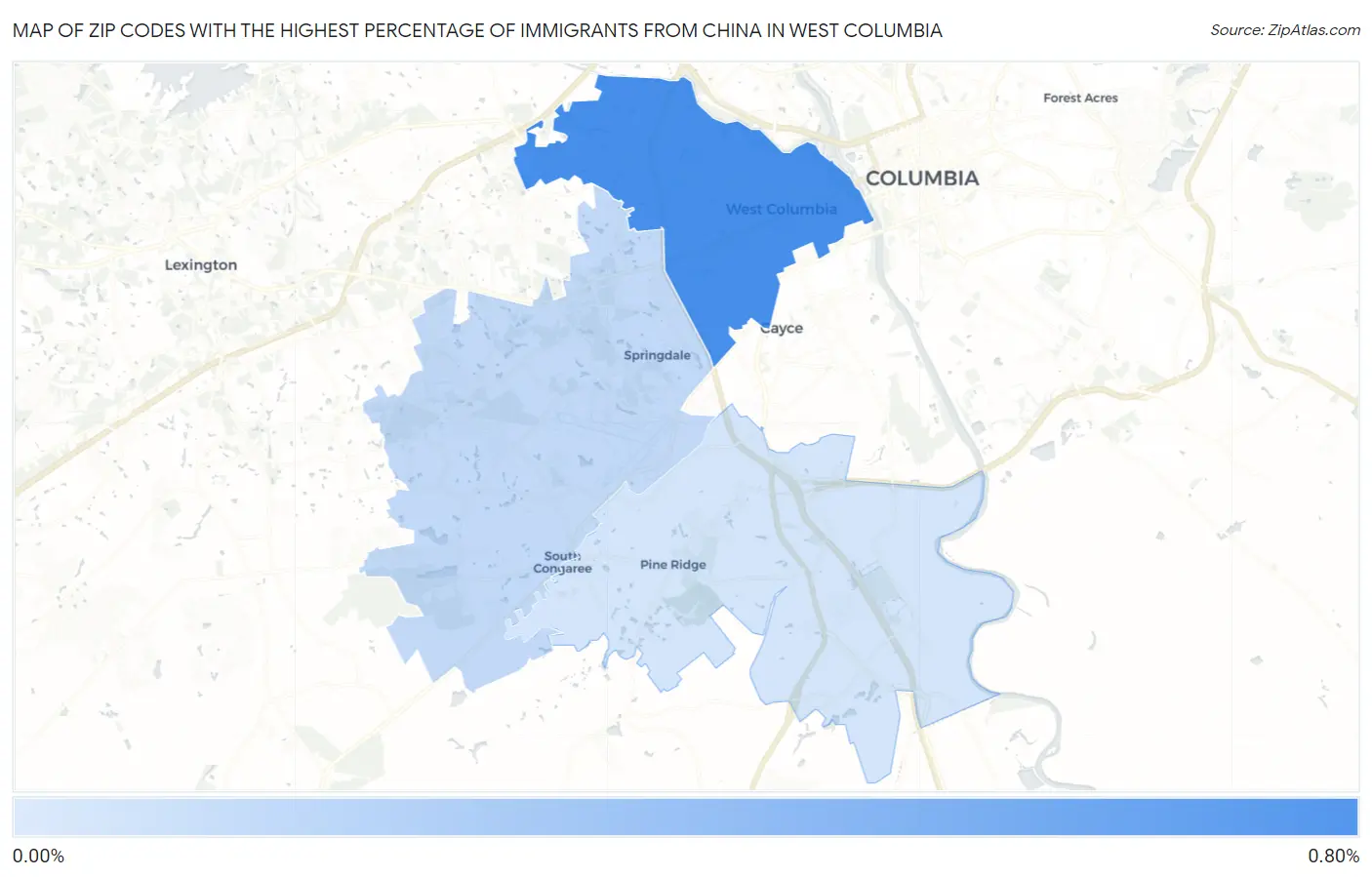 Zip Codes with the Highest Percentage of Immigrants from China in West Columbia Map