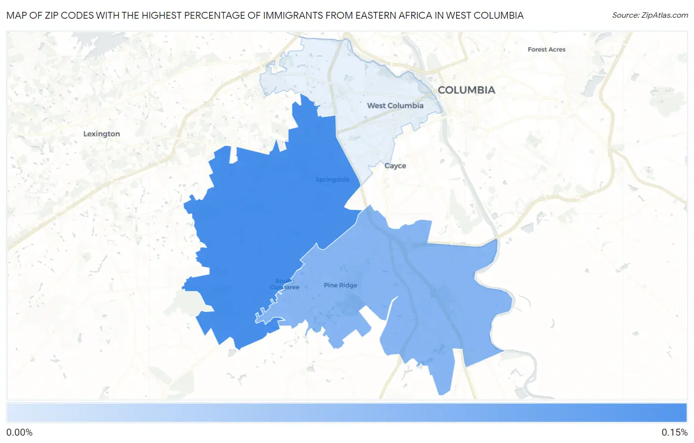 Zip Codes with the Highest Percentage of Immigrants from Eastern Africa in West Columbia Map