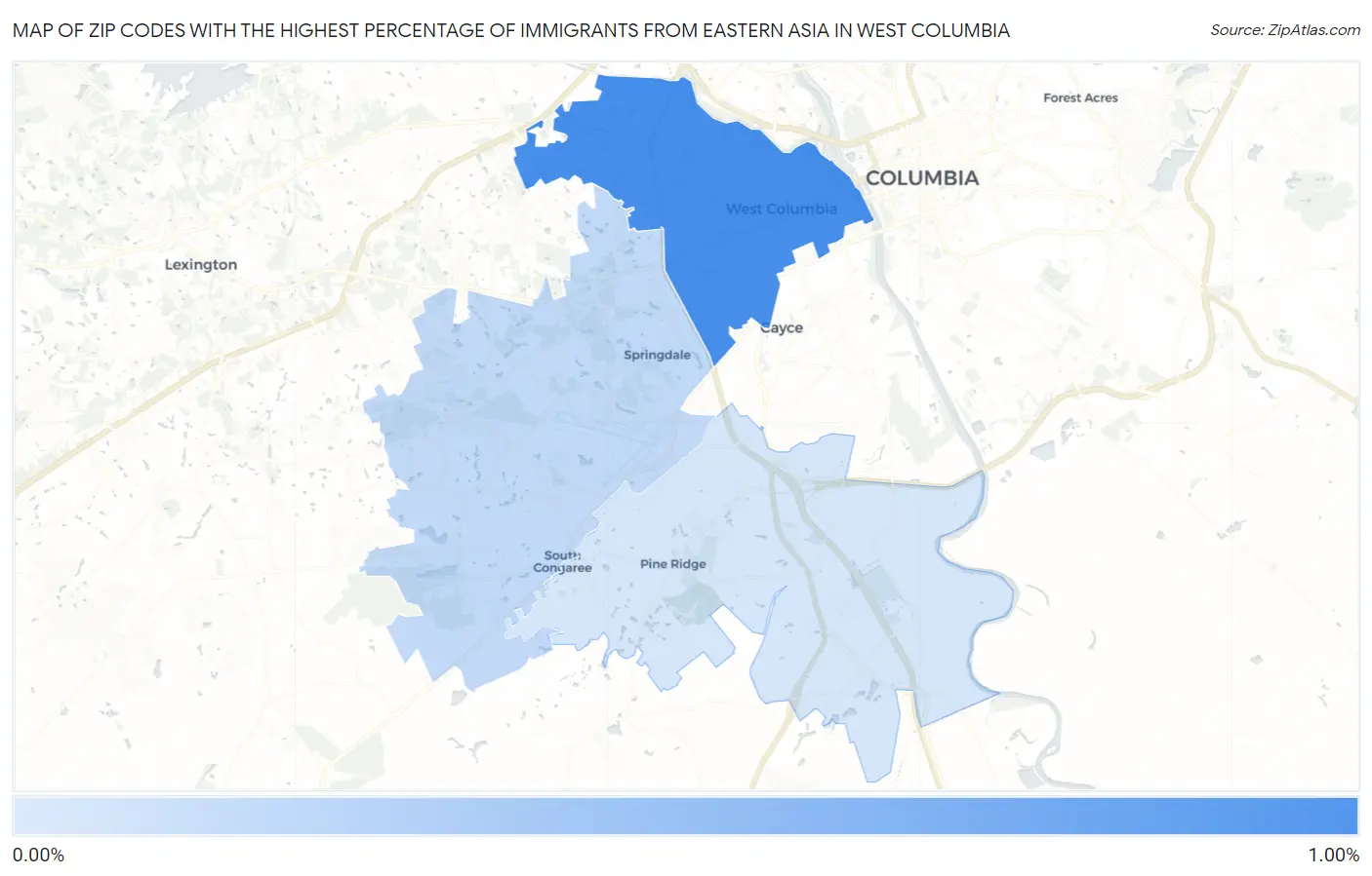 Zip Codes with the Highest Percentage of Immigrants from Eastern Asia in West Columbia Map