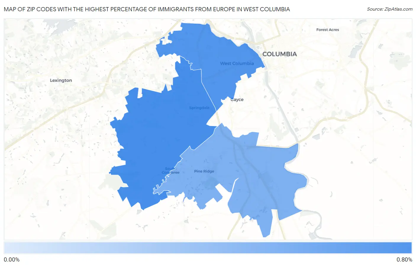 Zip Codes with the Highest Percentage of Immigrants from Europe in West Columbia Map