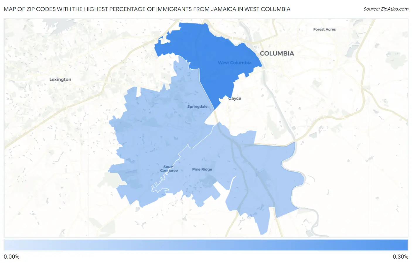 Zip Codes with the Highest Percentage of Immigrants from Jamaica in West Columbia Map