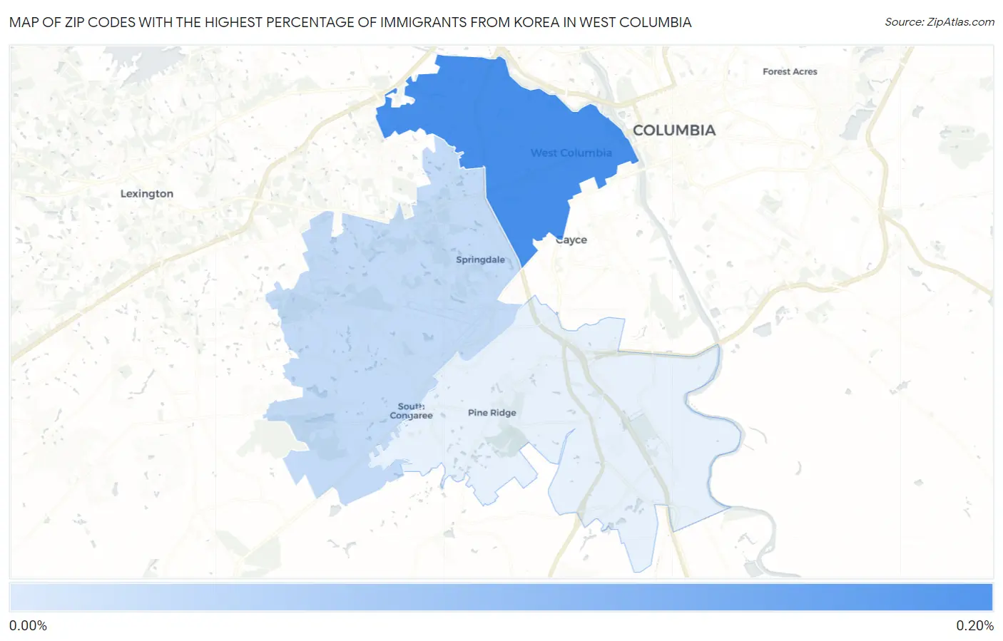 Zip Codes with the Highest Percentage of Immigrants from Korea in West Columbia Map