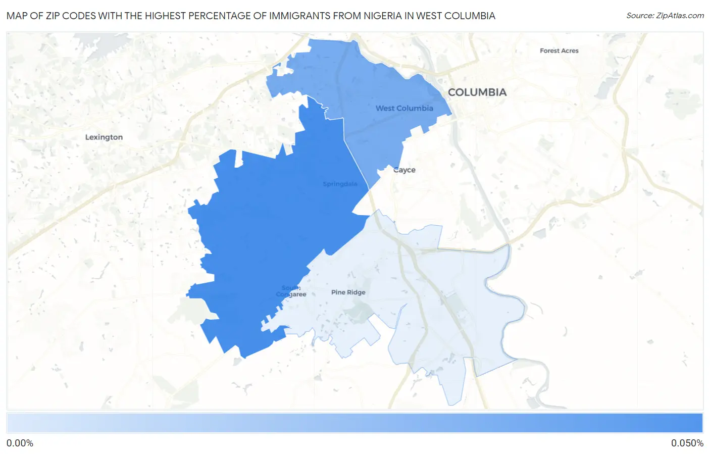 Zip Codes with the Highest Percentage of Immigrants from Nigeria in West Columbia Map