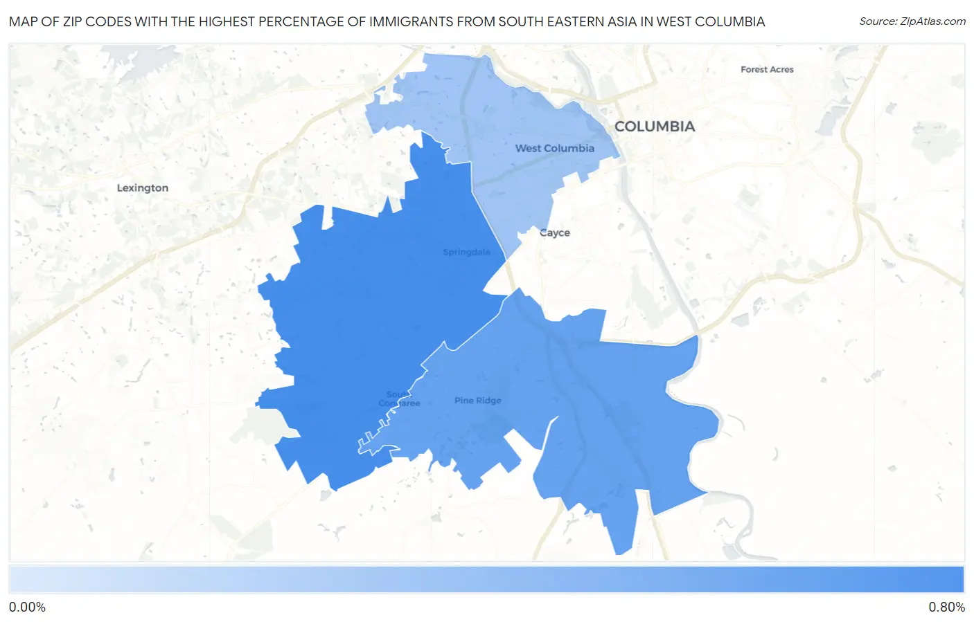 Zip Codes with the Highest Percentage of Immigrants from South Eastern Asia in West Columbia Map