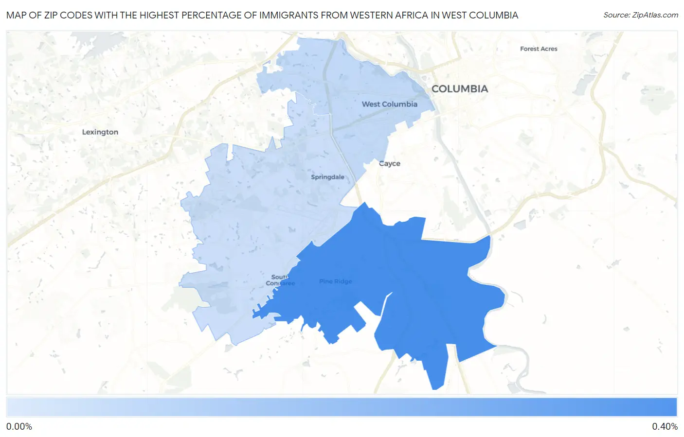 Zip Codes with the Highest Percentage of Immigrants from Western Africa in West Columbia Map