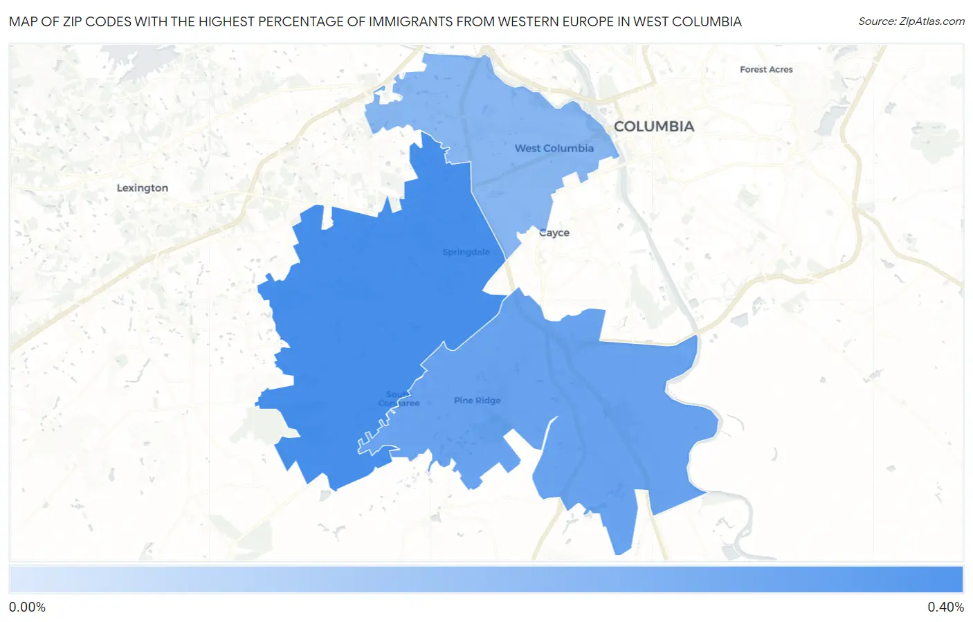 Zip Codes with the Highest Percentage of Immigrants from Western Europe in West Columbia Map