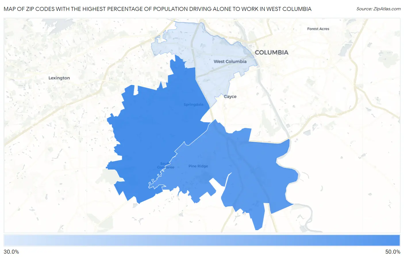 Zip Codes with the Highest Percentage of Population Driving Alone to Work in West Columbia Map