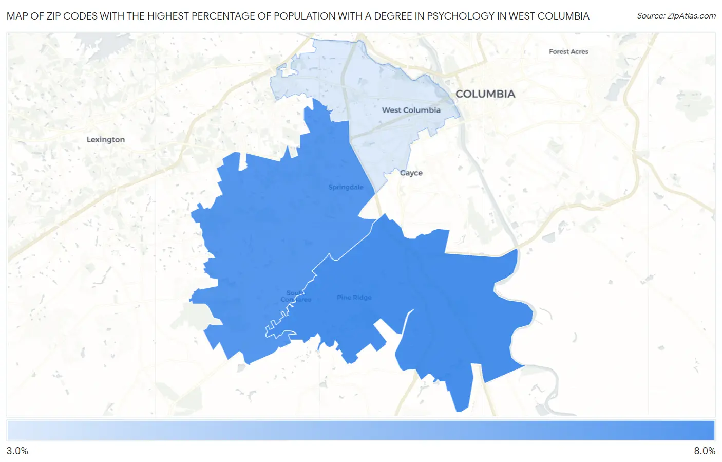 Zip Codes with the Highest Percentage of Population with a Degree in Psychology in West Columbia Map
