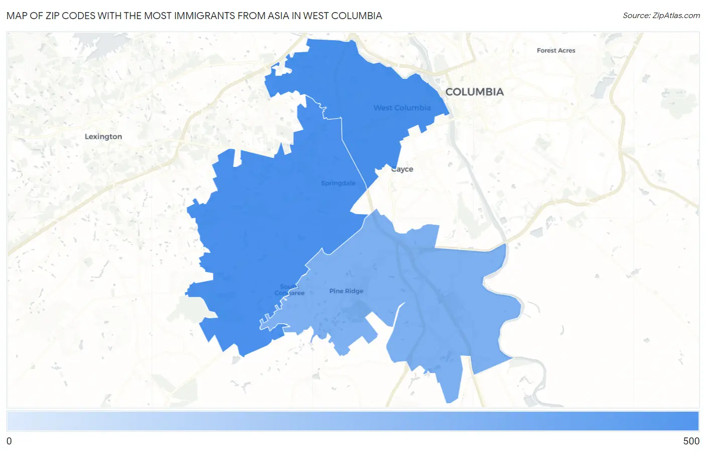 Zip Codes with the Most Immigrants from Asia in West Columbia Map