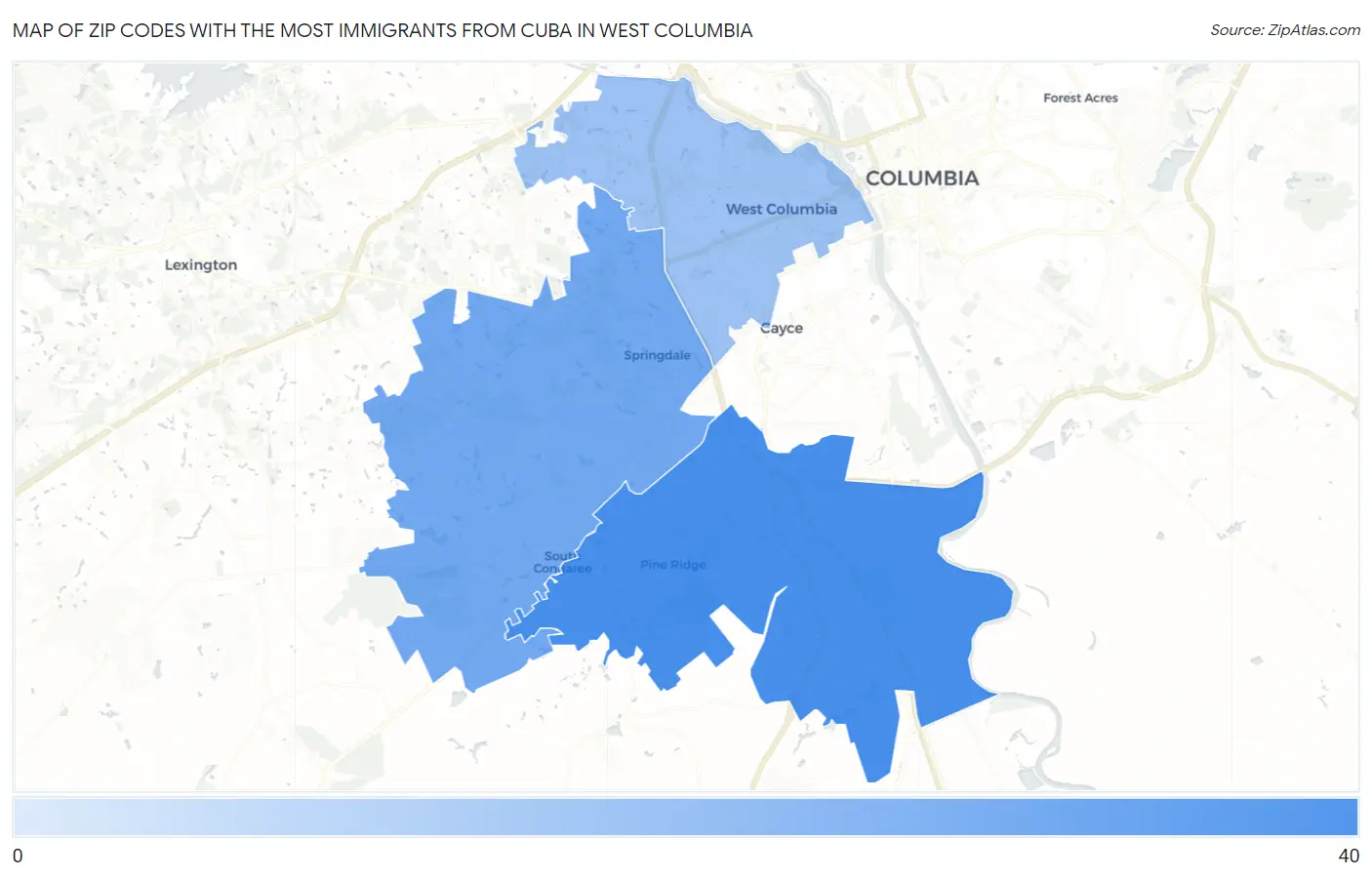 Zip Codes with the Most Immigrants from Cuba in West Columbia Map