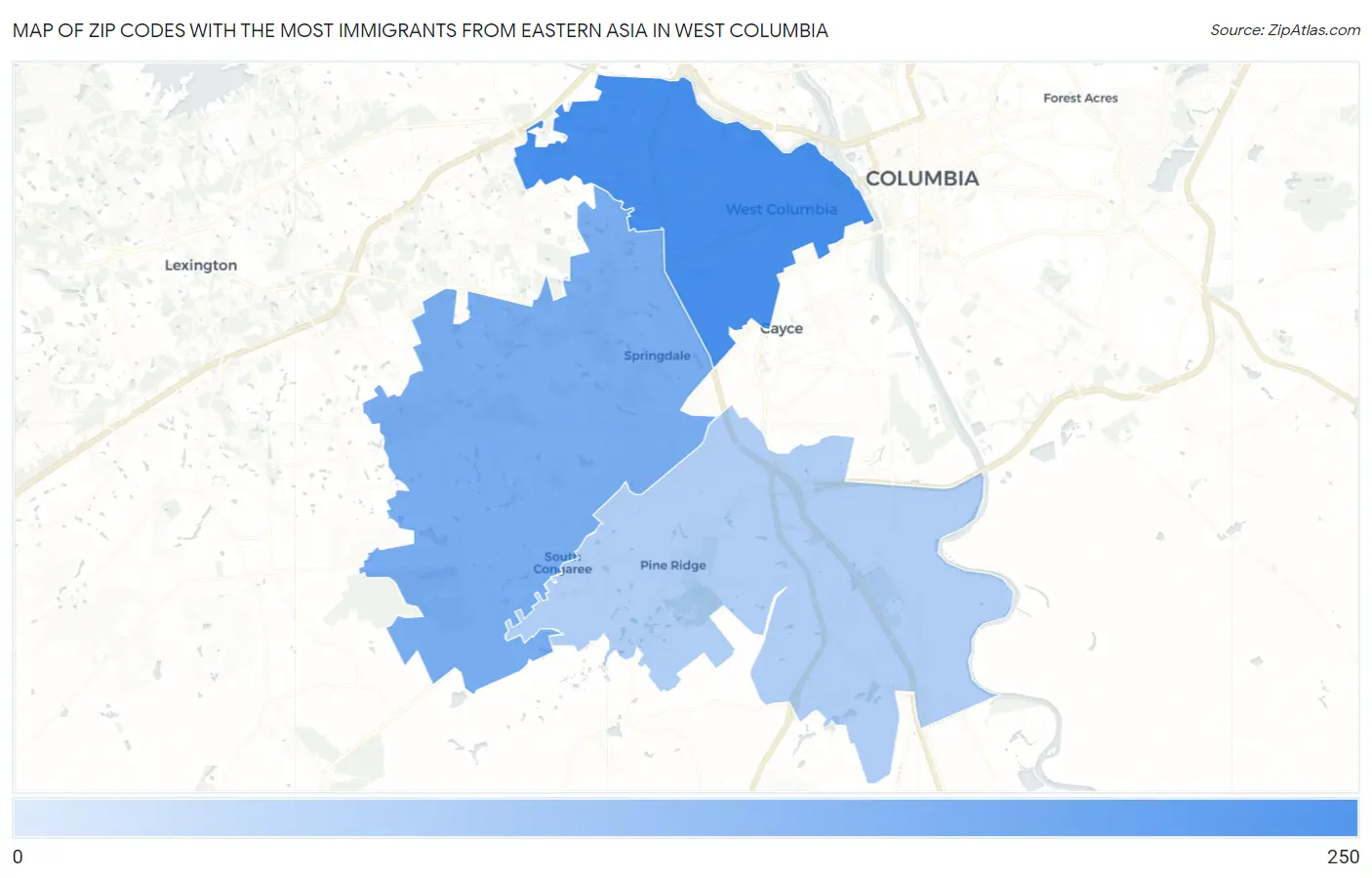 Zip Codes with the Most Immigrants from Eastern Asia in West Columbia Map