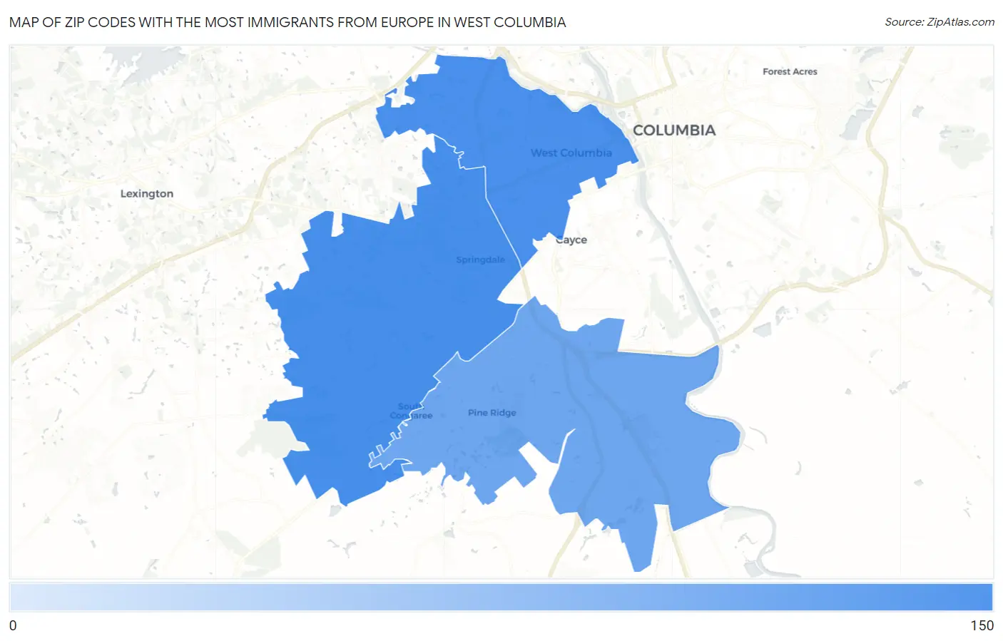 Zip Codes with the Most Immigrants from Europe in West Columbia Map