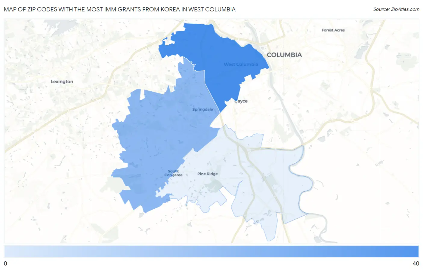 Zip Codes with the Most Immigrants from Korea in West Columbia Map