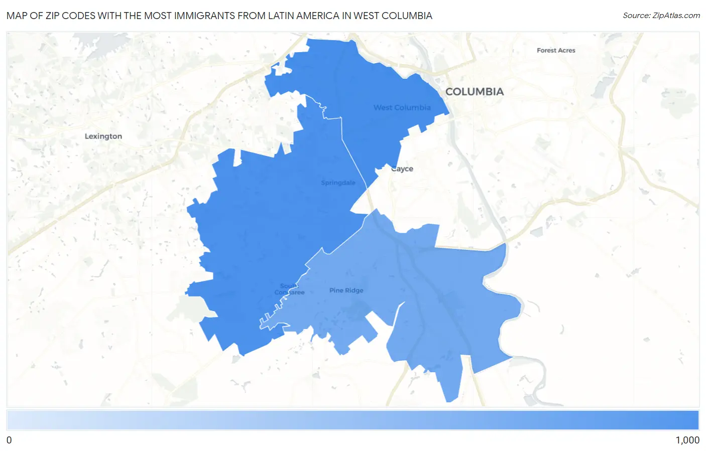 Zip Codes with the Most Immigrants from Latin America in West Columbia Map