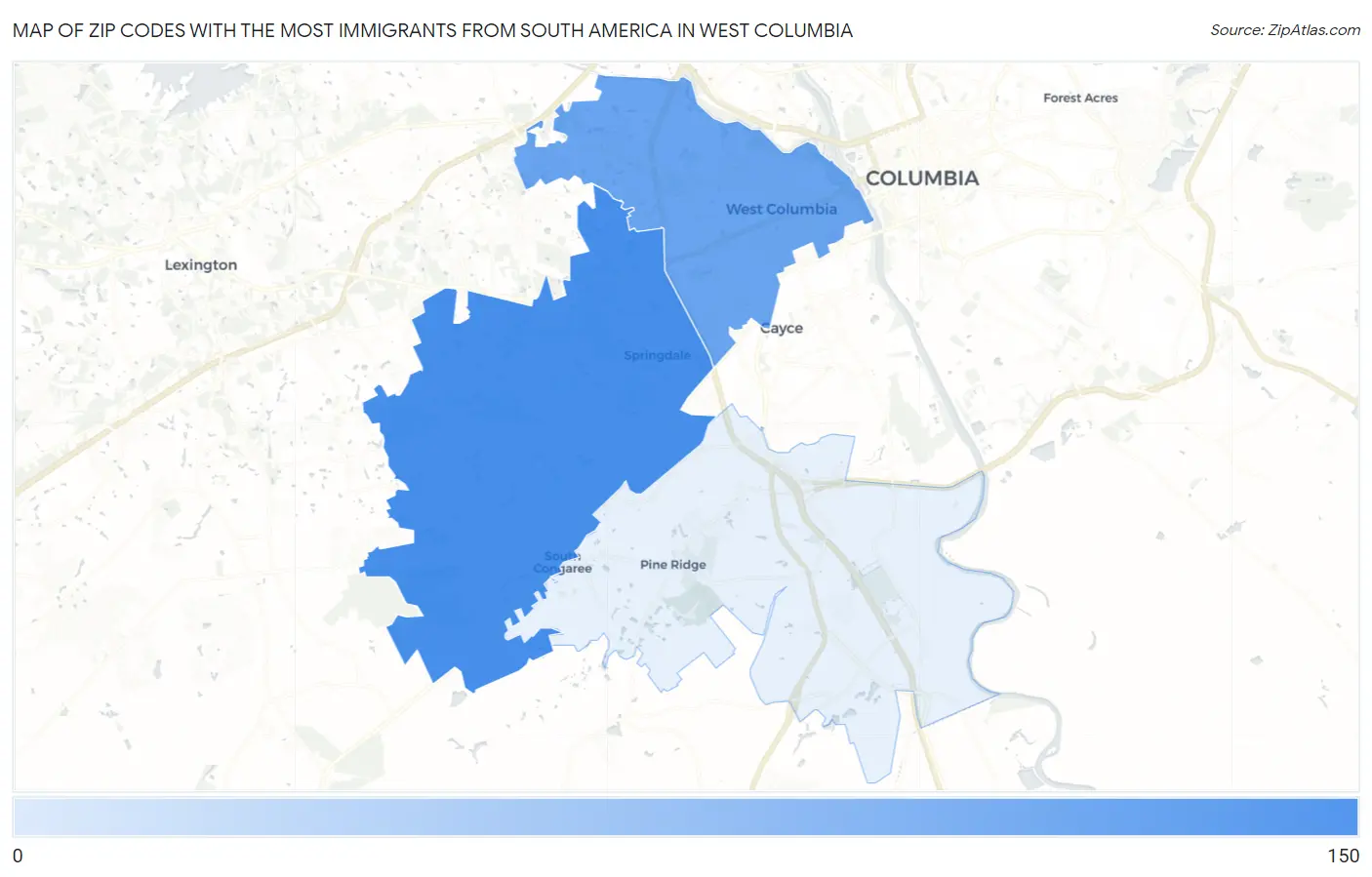 Zip Codes with the Most Immigrants from South America in West Columbia Map