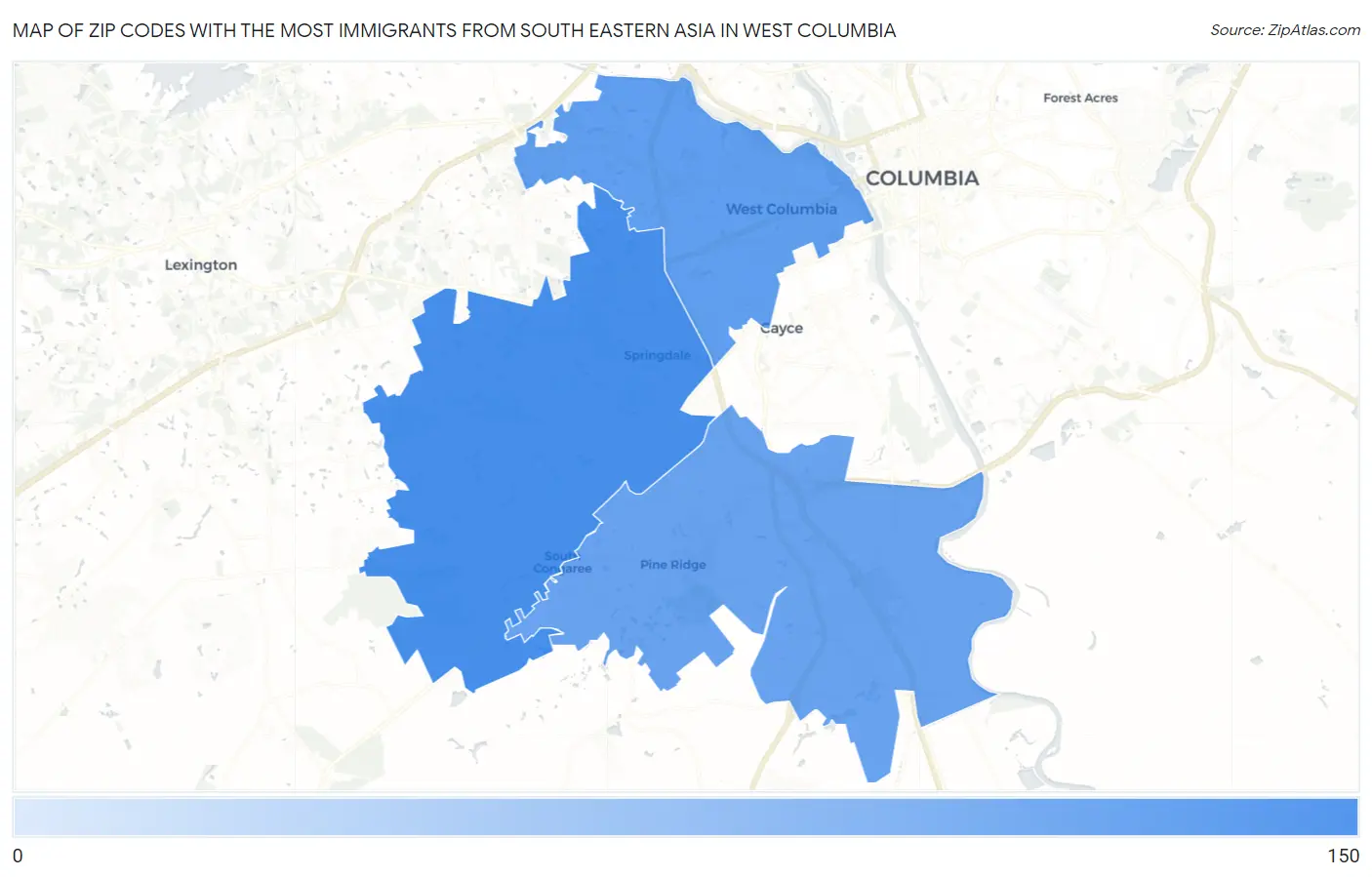 Zip Codes with the Most Immigrants from South Eastern Asia in West Columbia Map