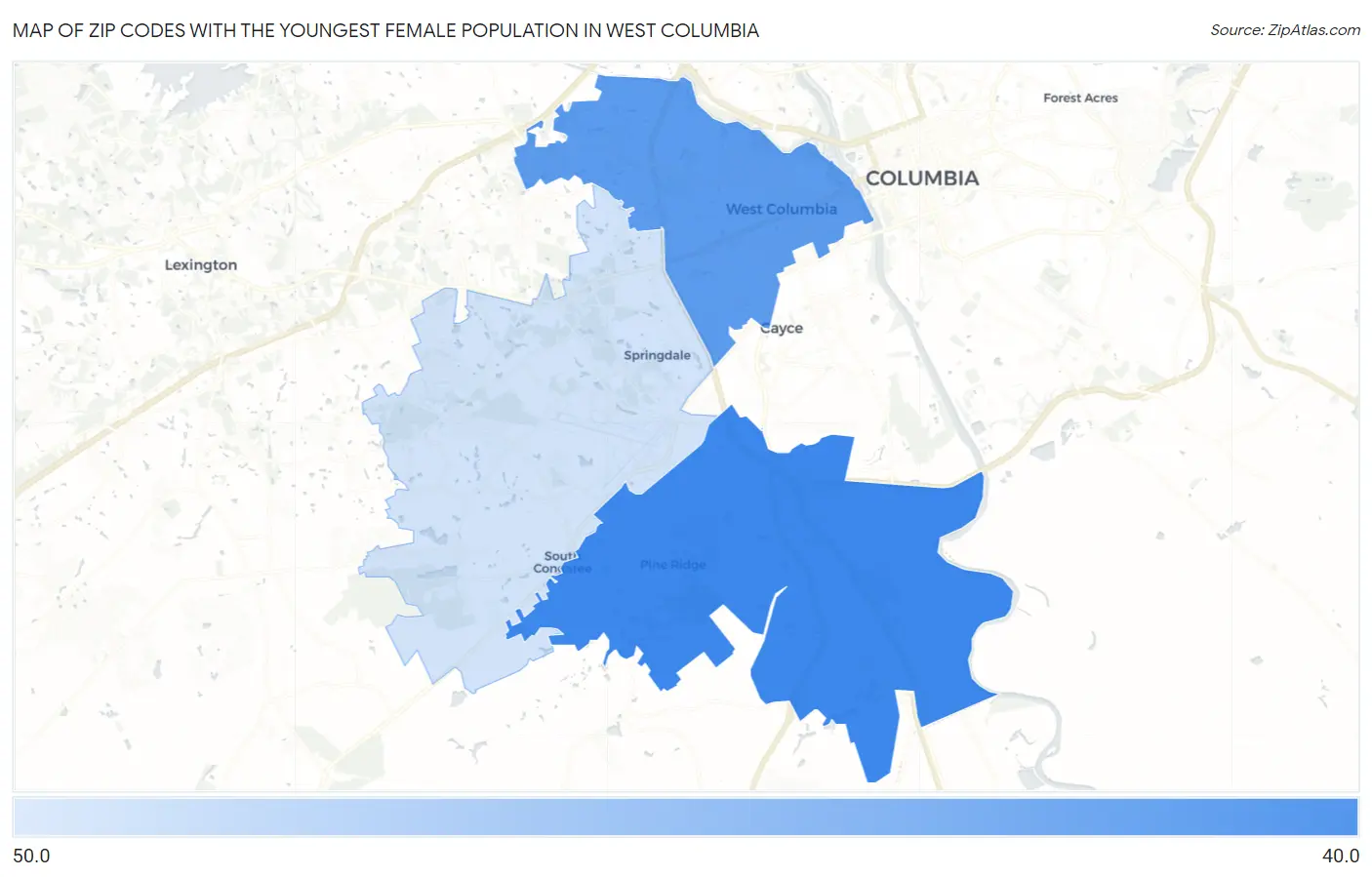 Zip Codes with the Youngest Female Population in West Columbia Map