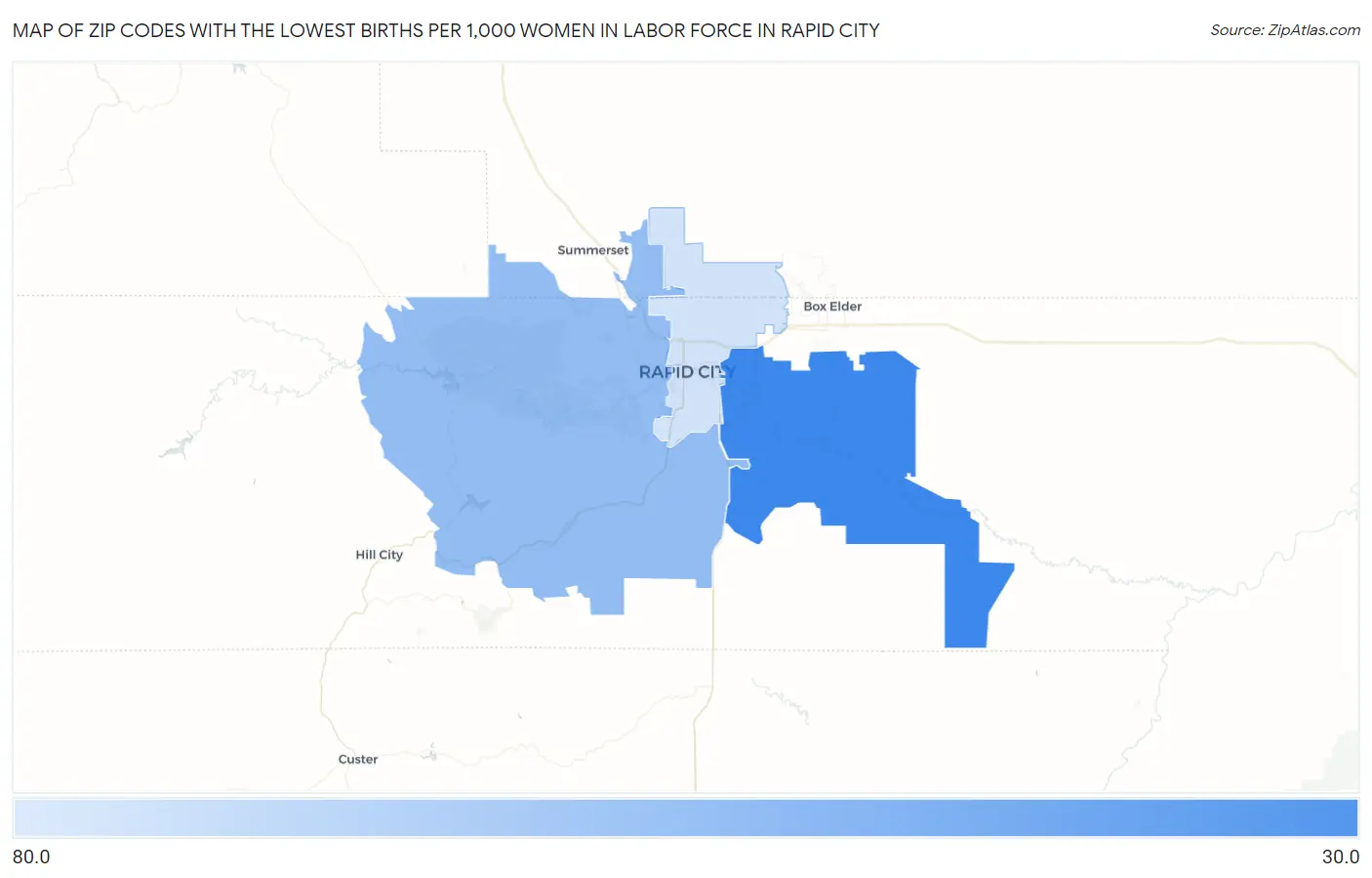 Zip Codes with the Lowest Births per 1,000 Women in Labor Force in Rapid City Map