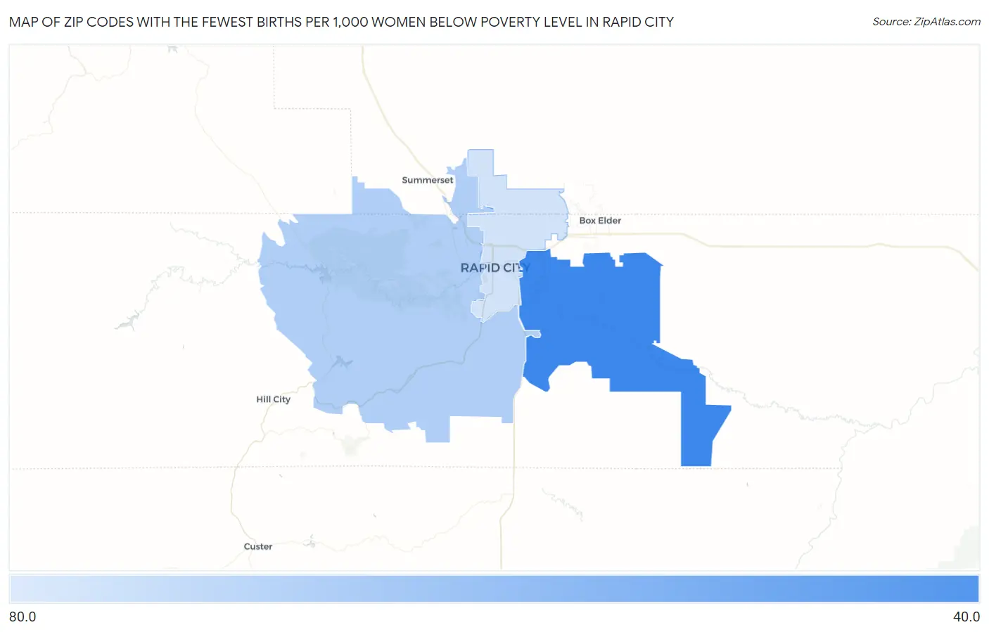 Zip Codes with the Fewest Births per 1,000 Women Below Poverty Level in Rapid City Map