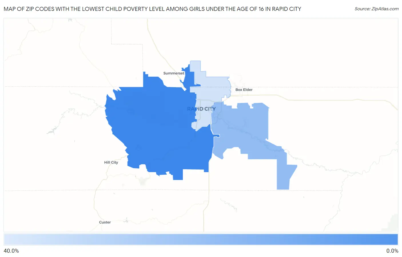 Zip Codes with the Lowest Child Poverty Level Among Girls Under the Age of 16 in Rapid City Map