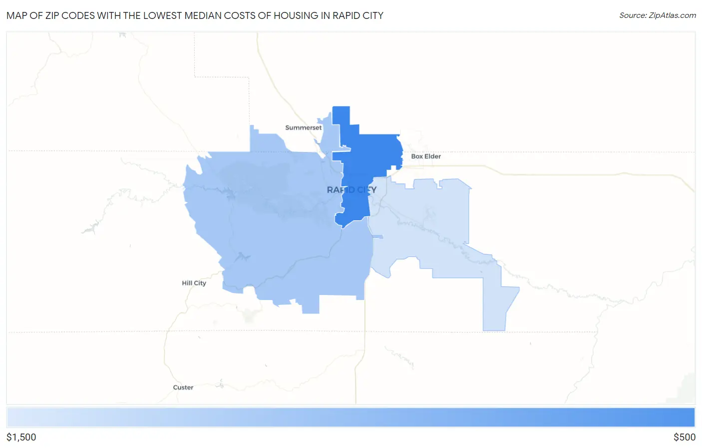 Zip Codes with the Lowest Median Costs of Housing in Rapid City Map