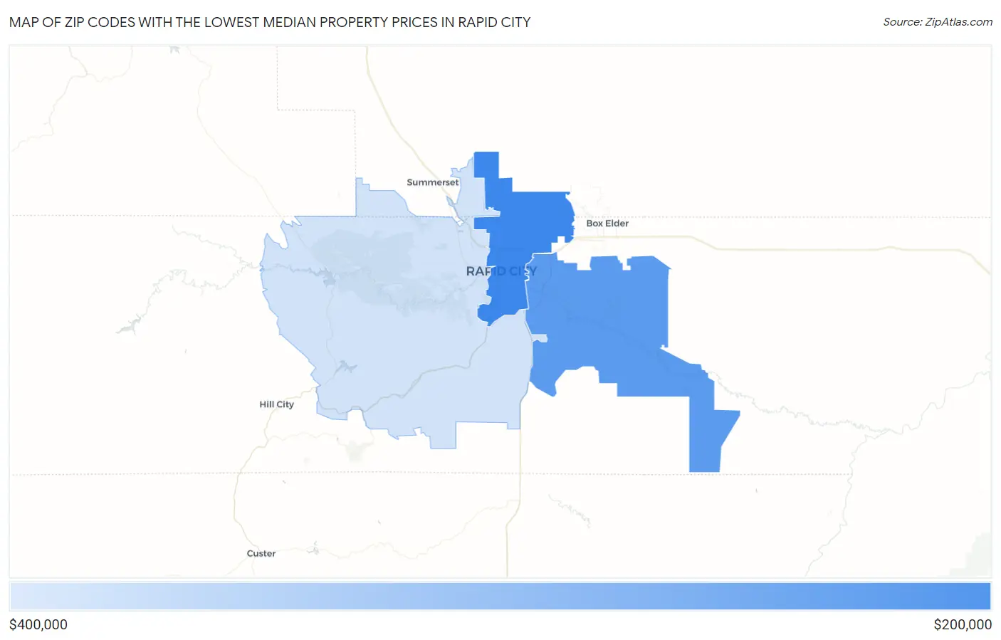 Zip Codes with the Lowest Median Property Prices in Rapid City Map