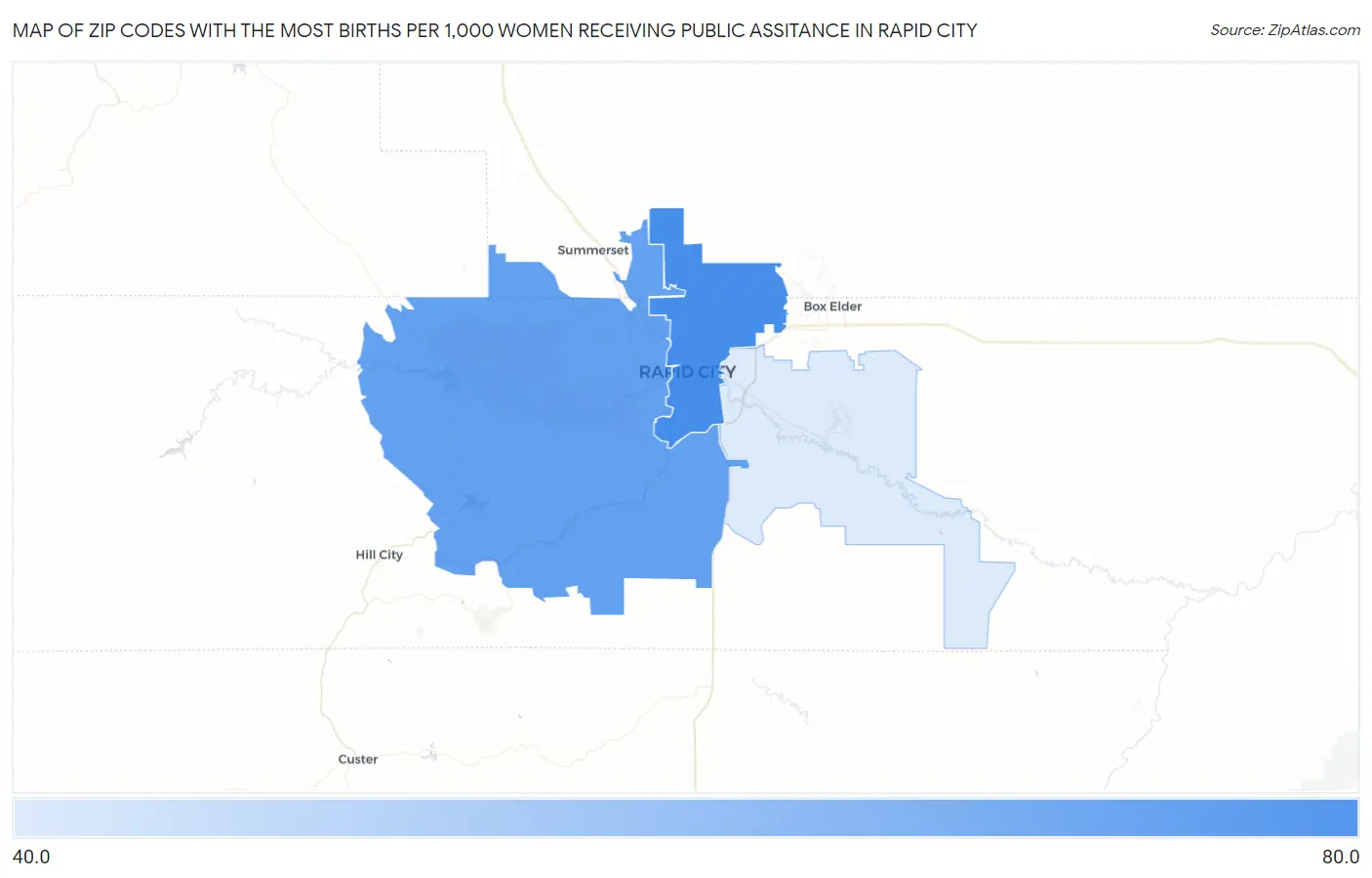 Zip Codes with the Most Births per 1,000 Women Receiving Public Assitance in Rapid City Map
