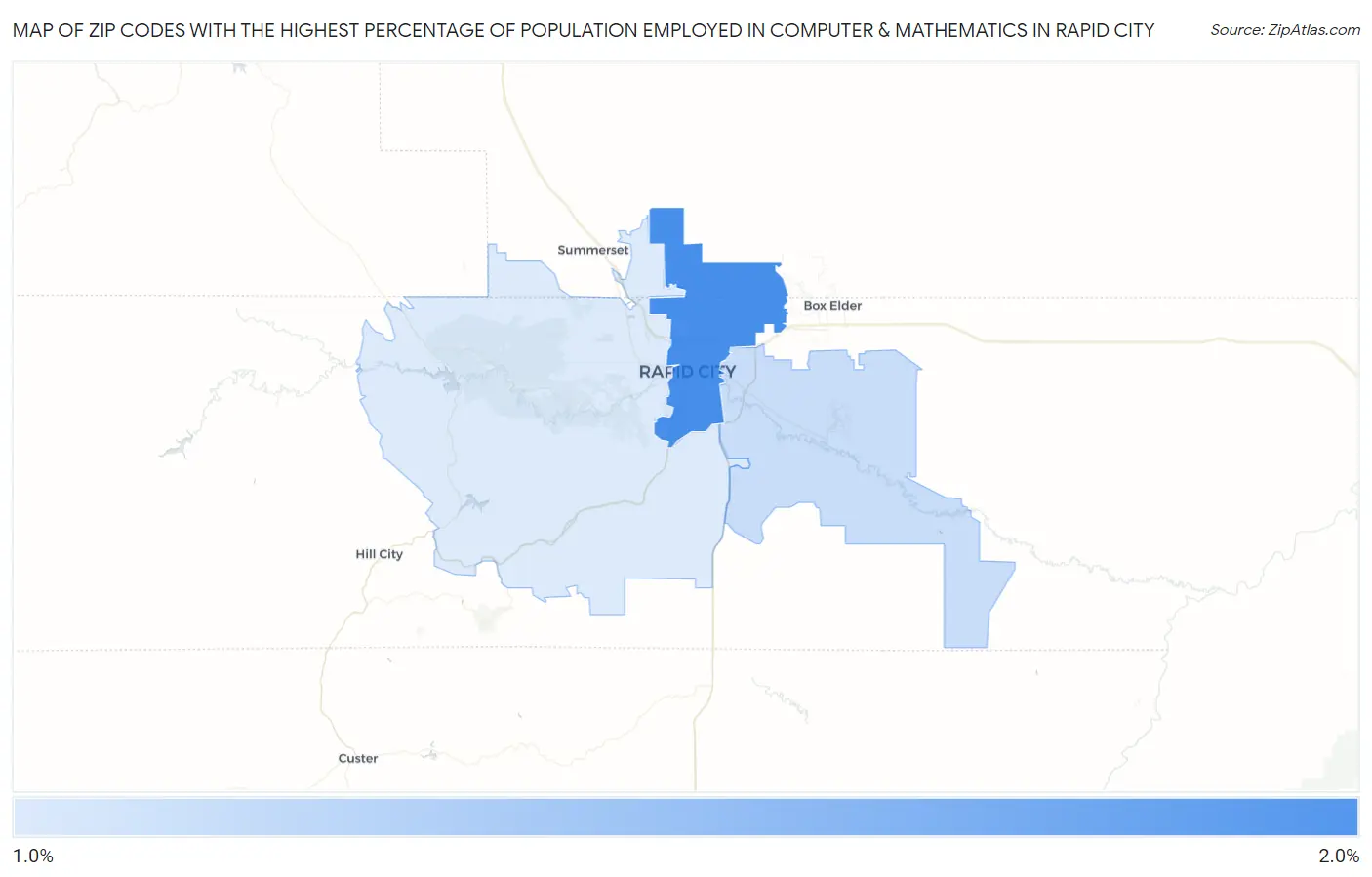 Zip Codes with the Highest Percentage of Population Employed in Computer & Mathematics in Rapid City Map