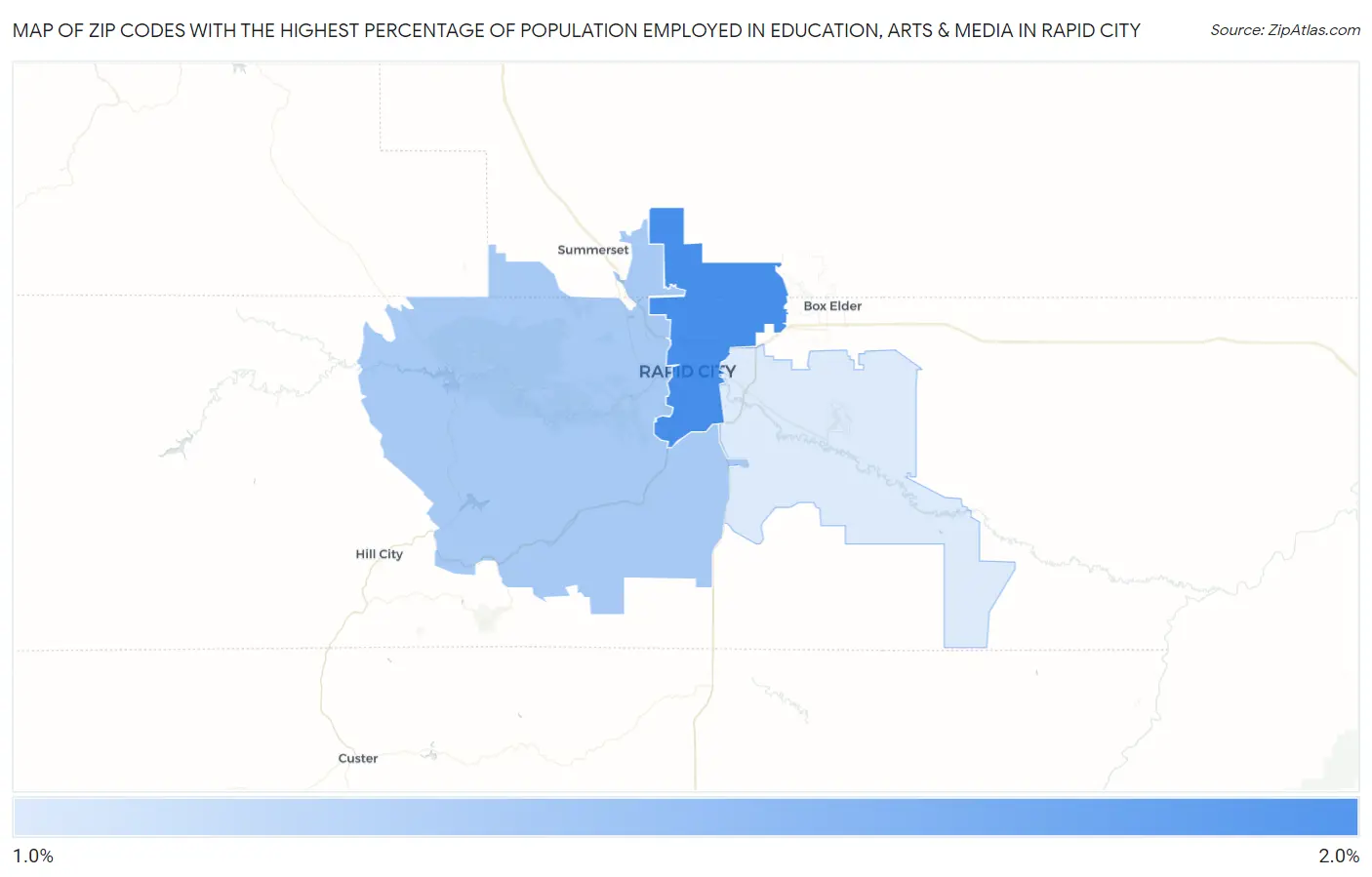 Zip Codes with the Highest Percentage of Population Employed in Education, Arts & Media in Rapid City Map