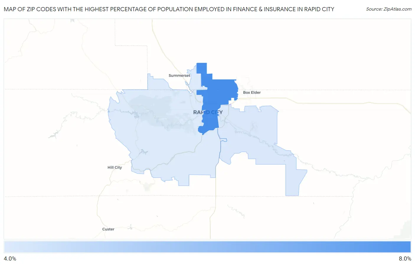 Zip Codes with the Highest Percentage of Population Employed in Finance & Insurance in Rapid City Map