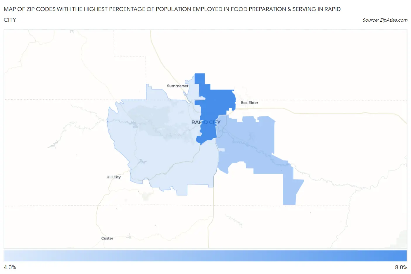 Zip Codes with the Highest Percentage of Population Employed in Food Preparation & Serving in Rapid City Map