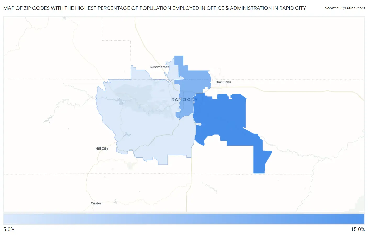 Zip Codes with the Highest Percentage of Population Employed in Office & Administration in Rapid City Map