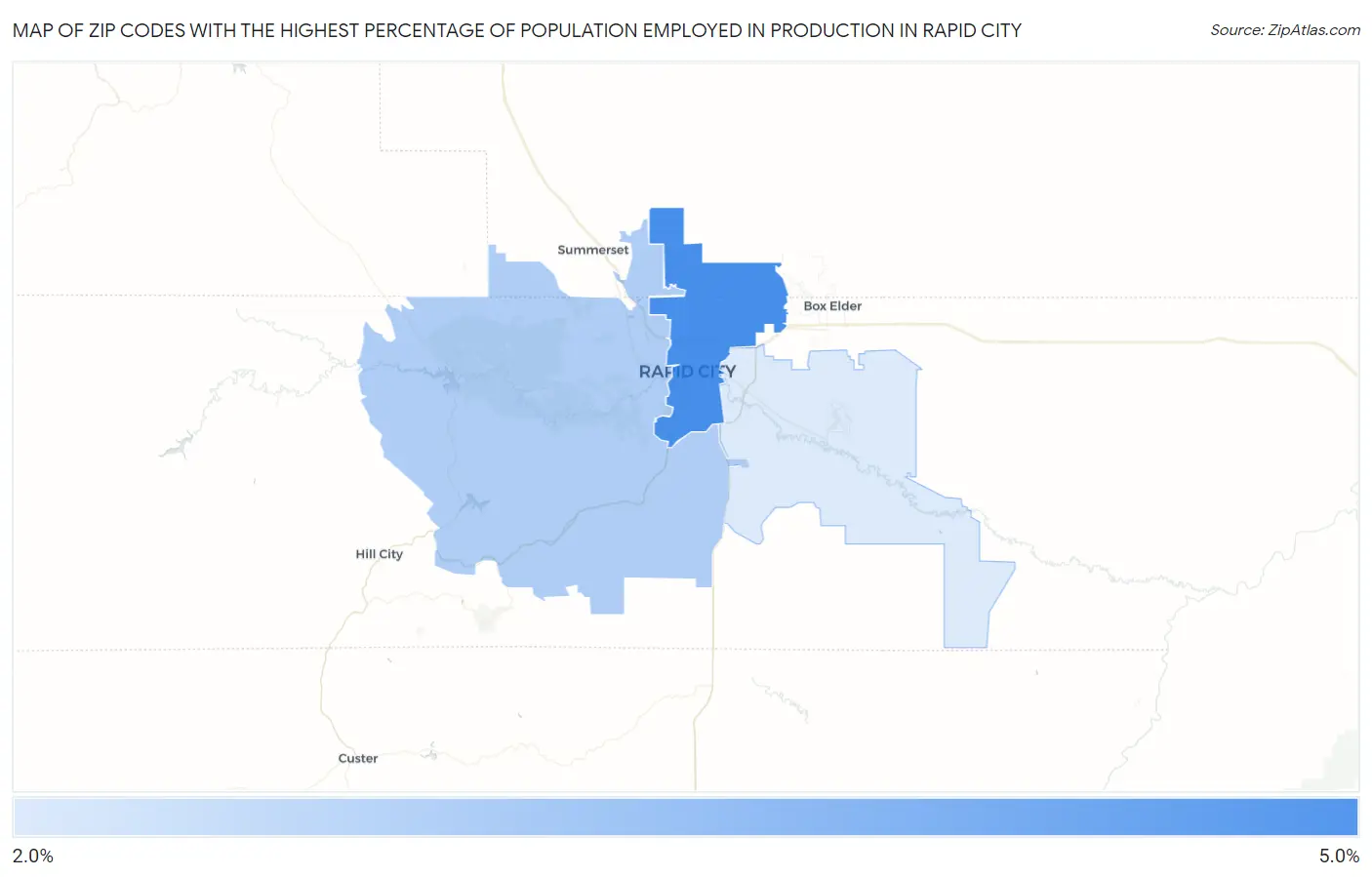 Zip Codes with the Highest Percentage of Population Employed in Production in Rapid City Map