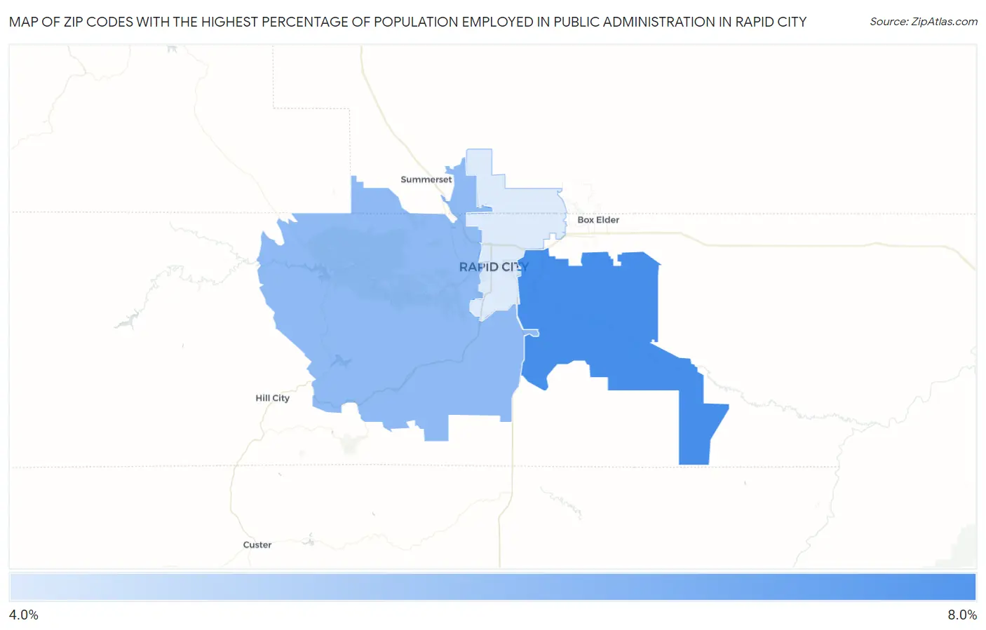 Zip Codes with the Highest Percentage of Population Employed in Public Administration in Rapid City Map