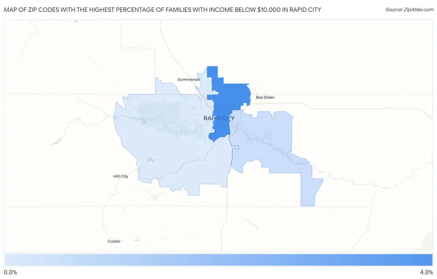 Zip Codes with the Highest Percentage of Families with Income Below $10,000 in Rapid City Map