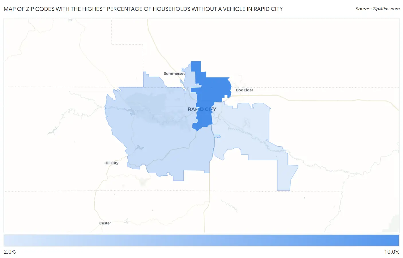 Zip Codes with the Highest Percentage of Households Without a Vehicle in Rapid City Map