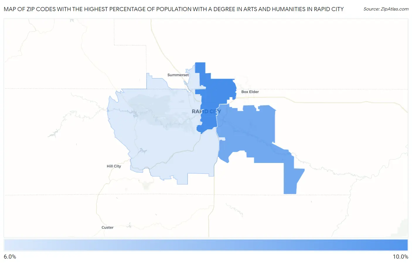 Zip Codes with the Highest Percentage of Population with a Degree in Arts and Humanities in Rapid City Map