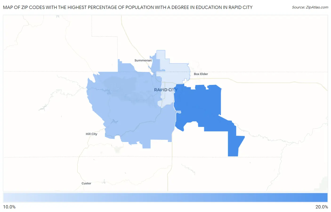 Zip Codes with the Highest Percentage of Population with a Degree in Education in Rapid City Map