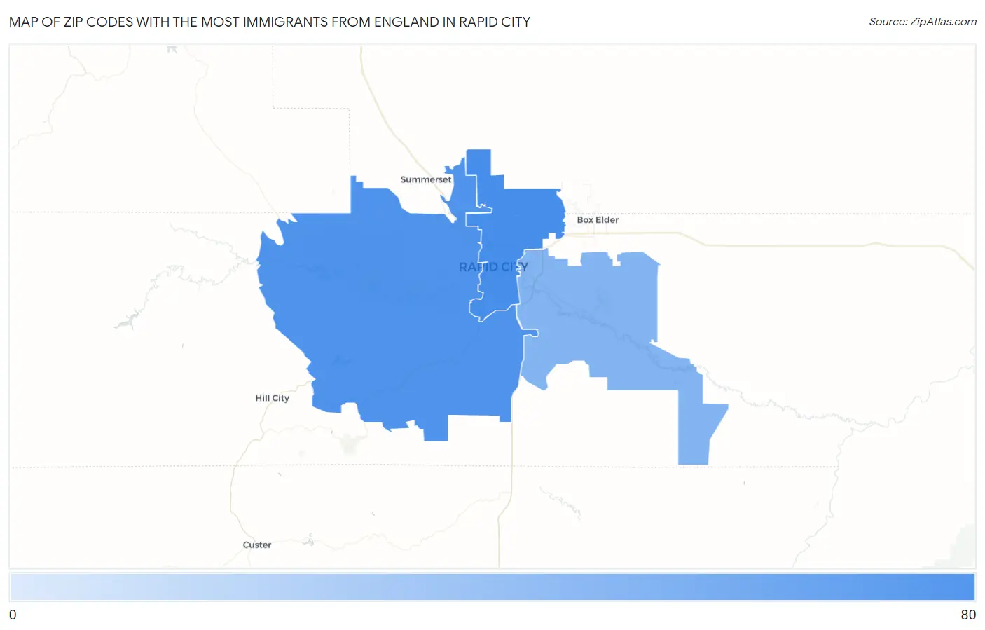 Zip Codes with the Most Immigrants from England in Rapid City Map