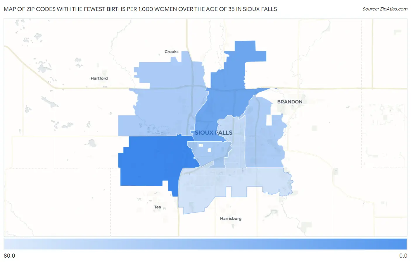 Zip Codes with the Fewest Births per 1,000 Women Over the Age of 35 in Sioux Falls Map