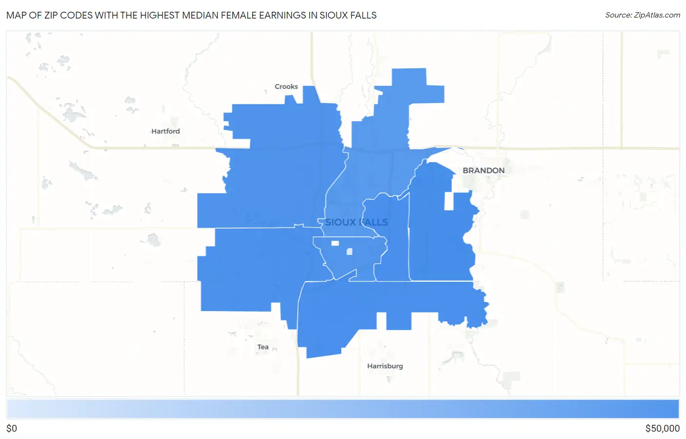 Zip Codes with the Highest Median Female Earnings in Sioux Falls Map