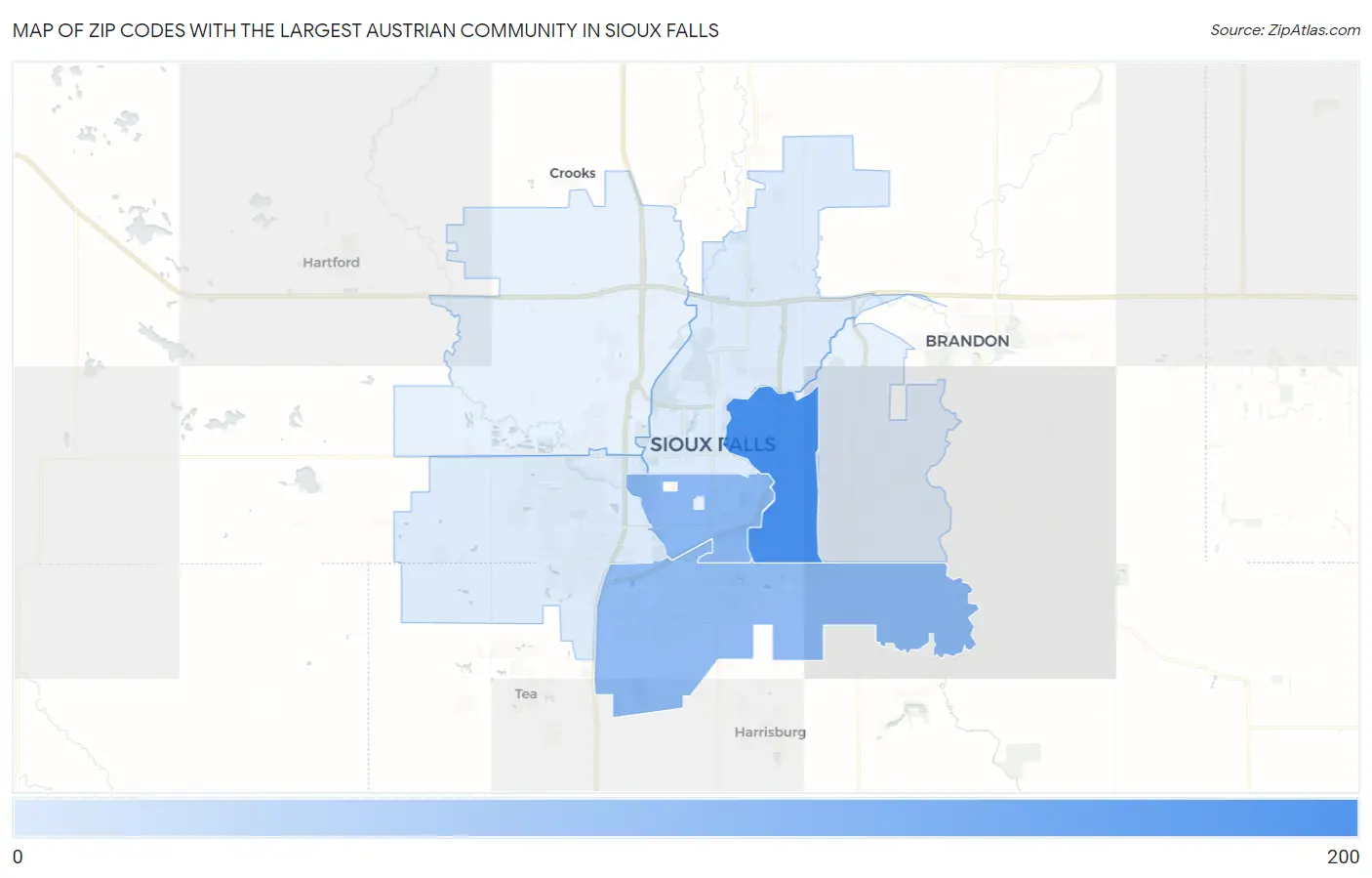 Zip Codes with the Largest Austrian Community in Sioux Falls Map