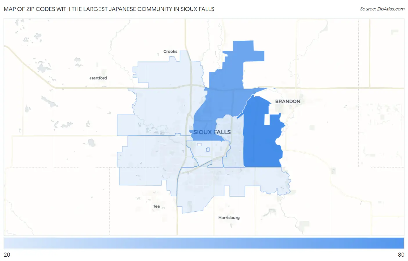 Zip Codes with the Largest Japanese Community in Sioux Falls Map