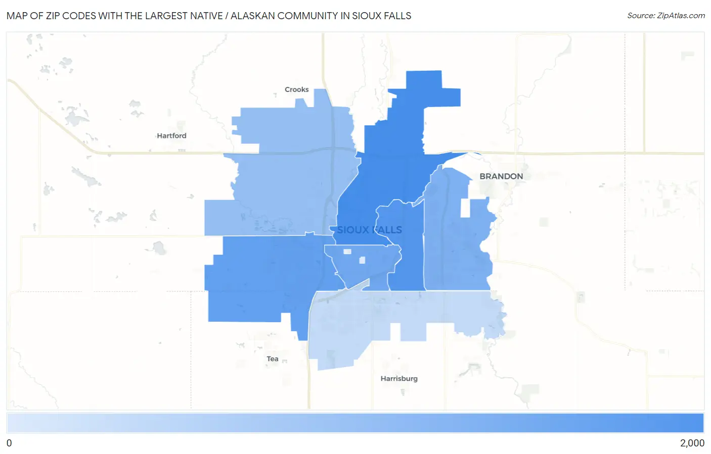 Zip Codes with the Largest Native / Alaskan Community in Sioux Falls Map
