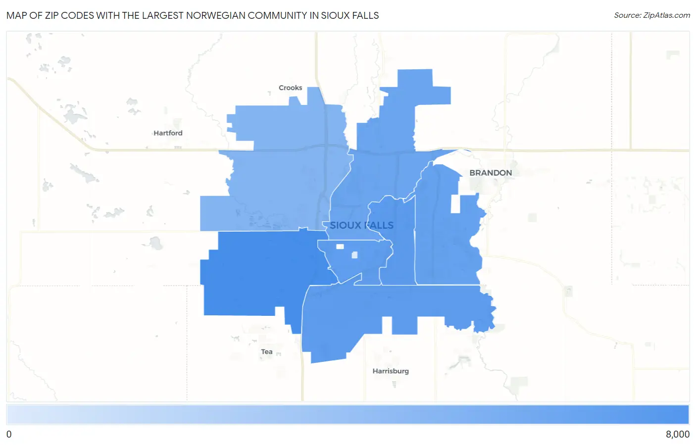 Zip Codes with the Largest Norwegian Community in Sioux Falls Map